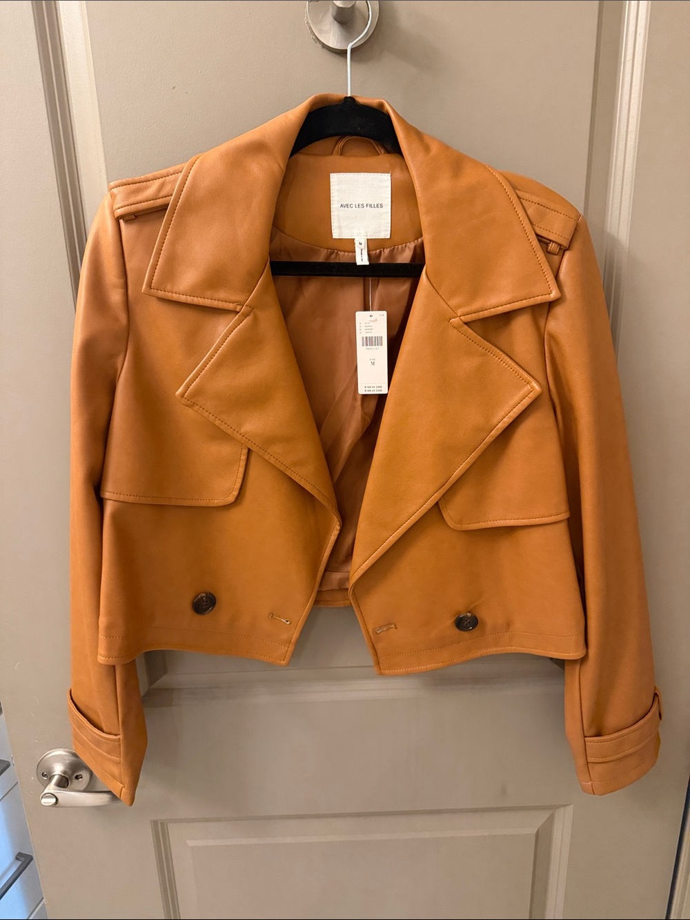 Avec Les Filles Cropped Faux-Leather Jacket in Camel Tan